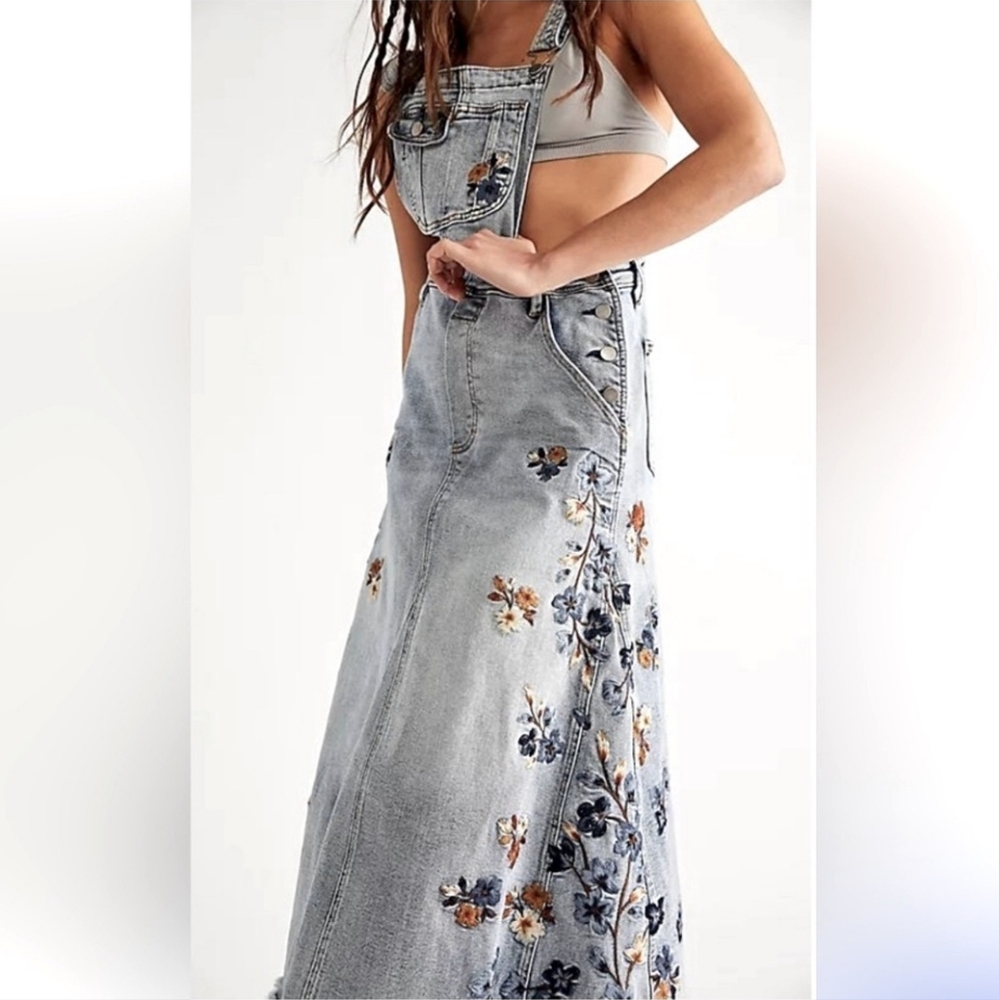 🩵💙 Free People DRIFTWOOD Garden Skirtall Embroidered Overall Maxi Dress 💙🩵